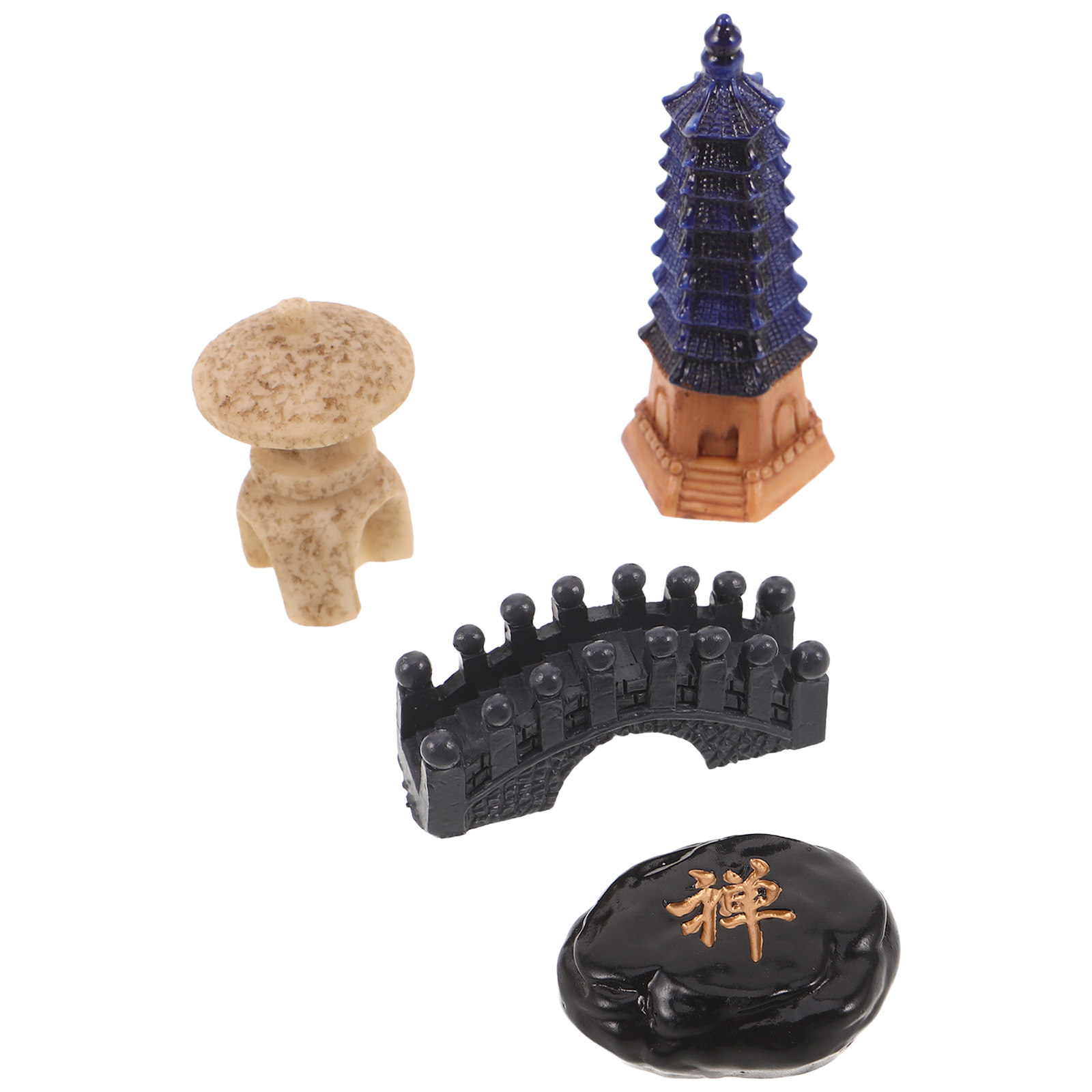 Bonsai Zen Garden Set - ชุดศาลาสวนเซนจิ๋วสไตล์ญี่ปุ่น 4 ชิ้น ประติมากรรมเรซินสำหรับตกแต่งภายนอกอาคารสไตล์เอเชีย อุปกรณ์เสริมสำหรับโต๊ะบอนไซ จัดสวนจิ๋ว