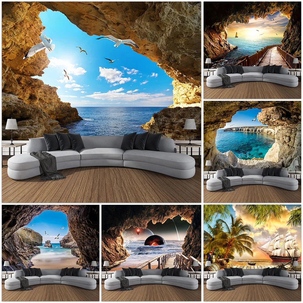 Bonsai Garden Tree - ถ้ําภูเขาภูมิทัศน์Tapestry Oceanนกมะพร้าวต้นไม้Sailing Beachทิวทัศน์ธรรมชาติTapestriesบ้านสวนหอพักตกแต่งห้องนอน